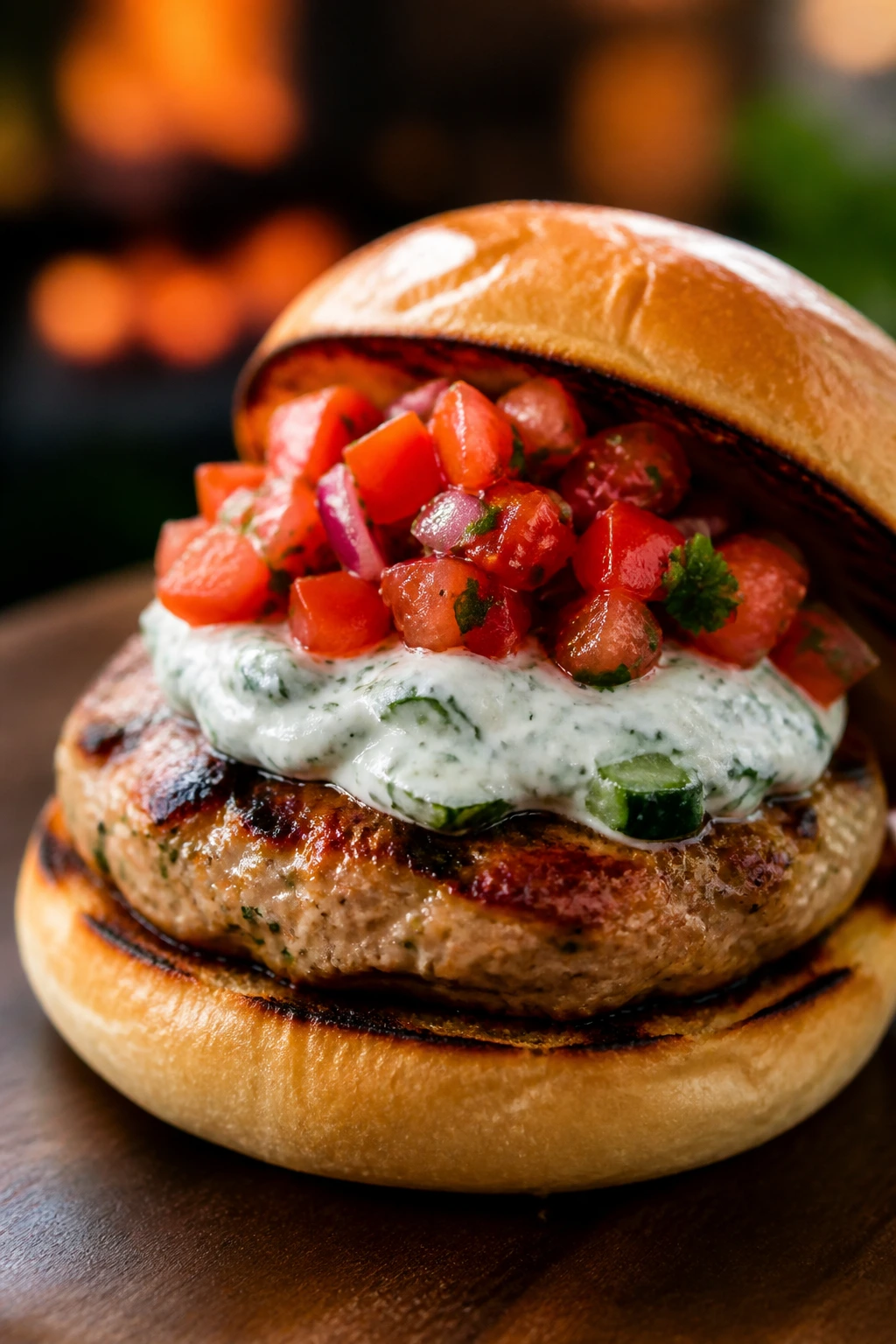 Close-up of turkey burger with tzatziki and tomato relish