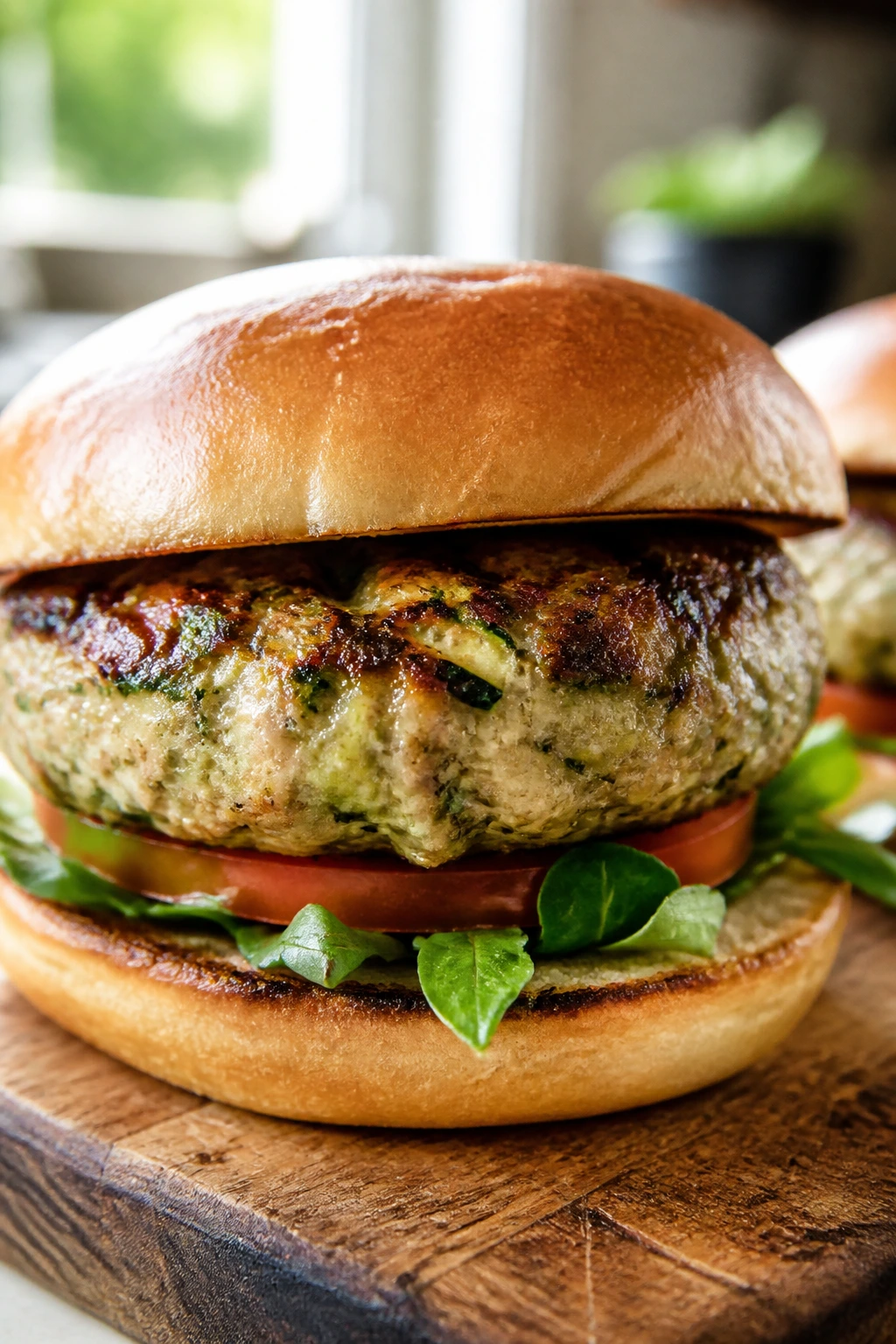 Close-up of a turkey zucchini burger patty in a bun with greens on a wooden board