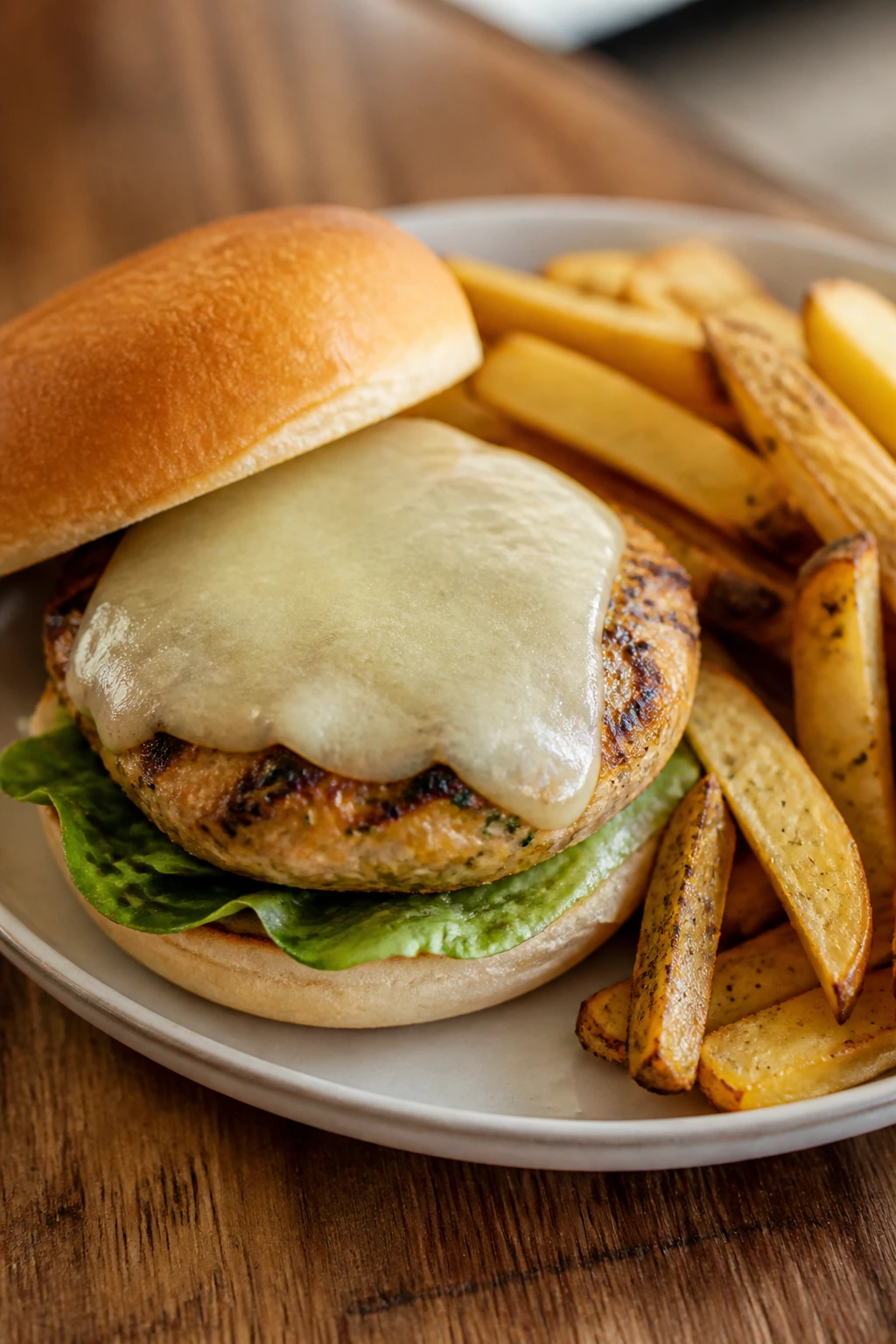 Close-up of turkey burger with oven fries on a wooden table