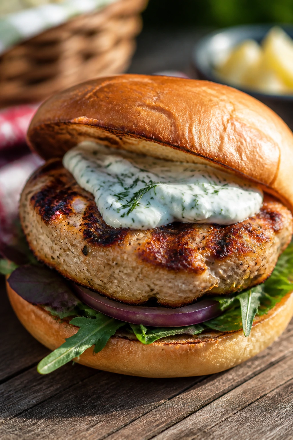 Turkey burger with herb mayo on a bun outdoors