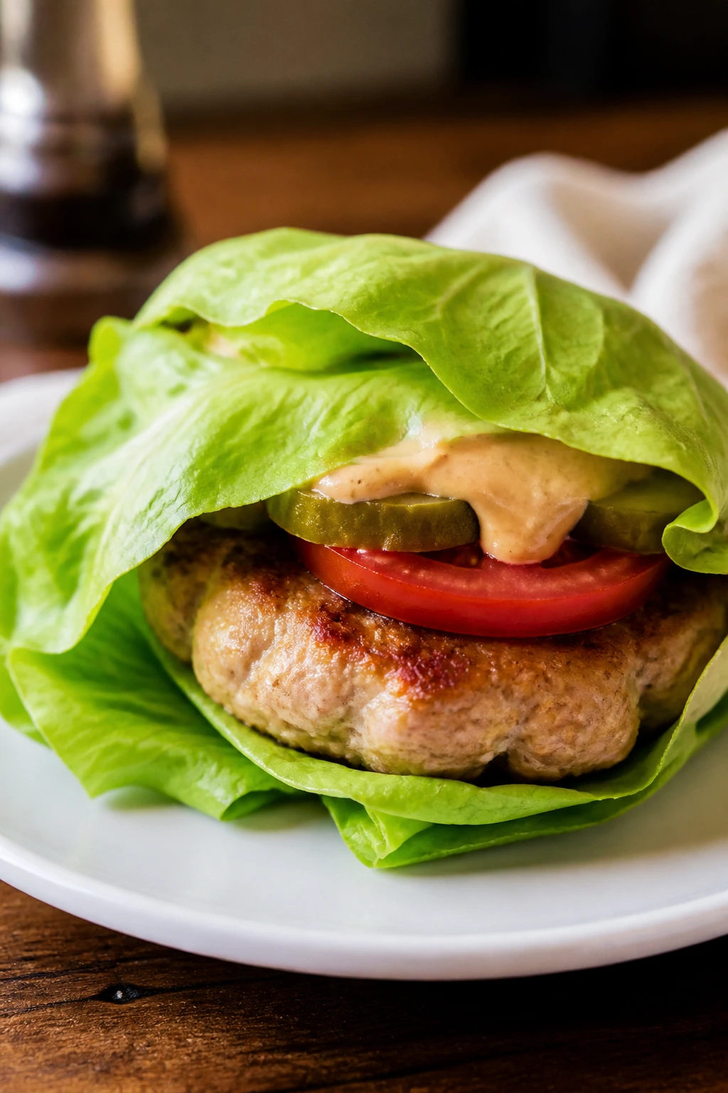 Lettuce-wrapped turkey burger on plate with lettuce wrap