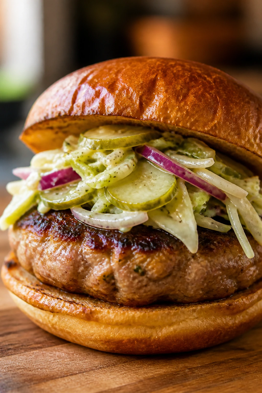 Turkey burger topped with pickle slaw on a toasted bun, close-up