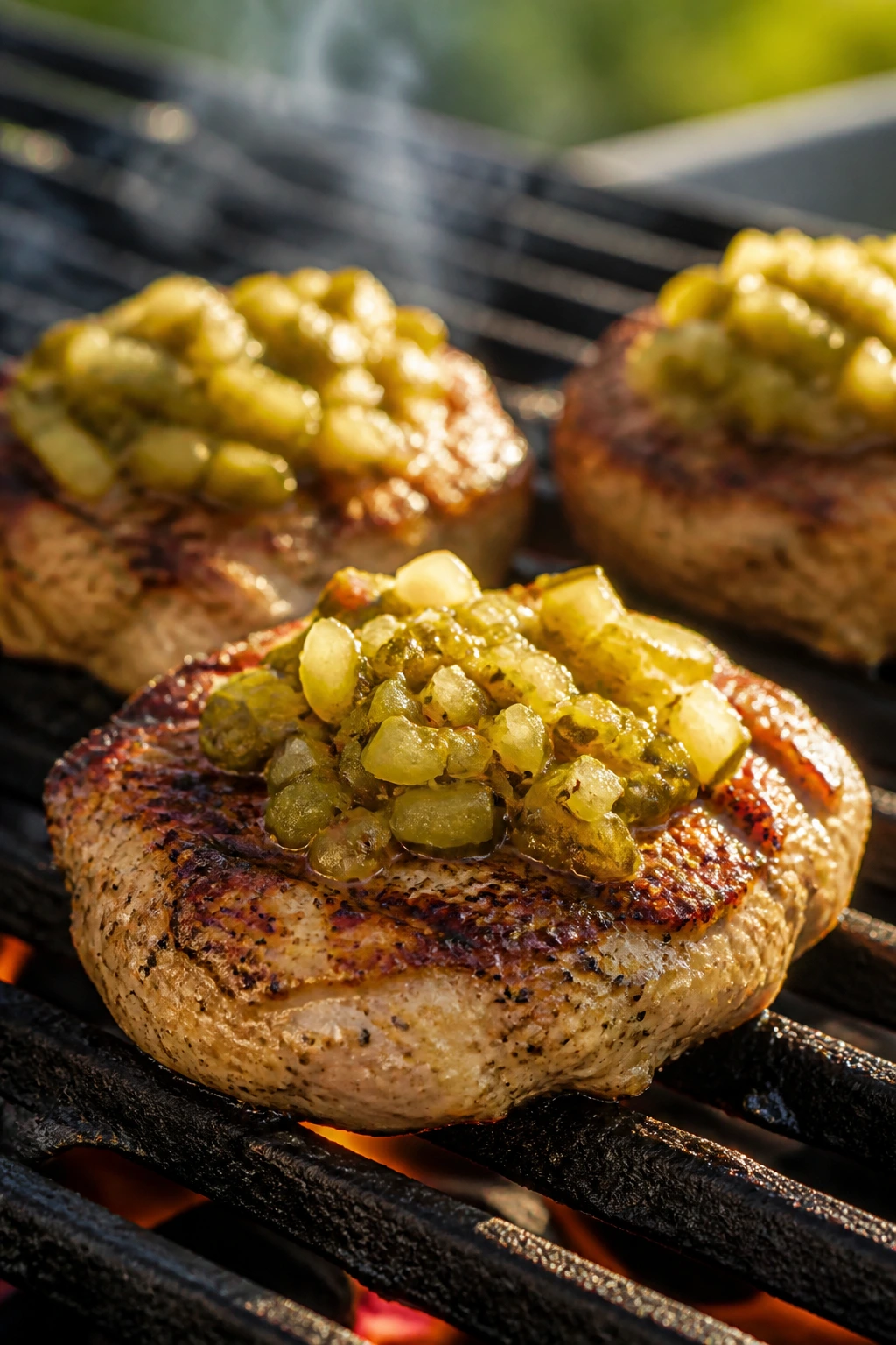 Close-up of turkey burgers with pickle relish cooking on a grill