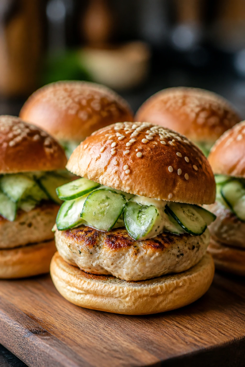 Close-up of turkey burger sliders with cucumber slaw on buns in a warm kitchen