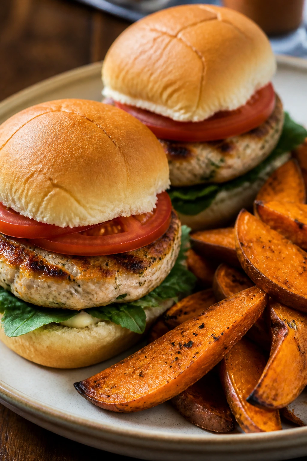 Close-up of turkey burger sliders with roasted sweet potato wedges