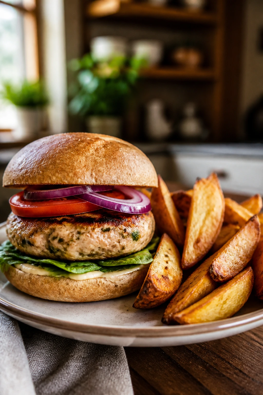 Close-up of a turkey burger with potato wedges