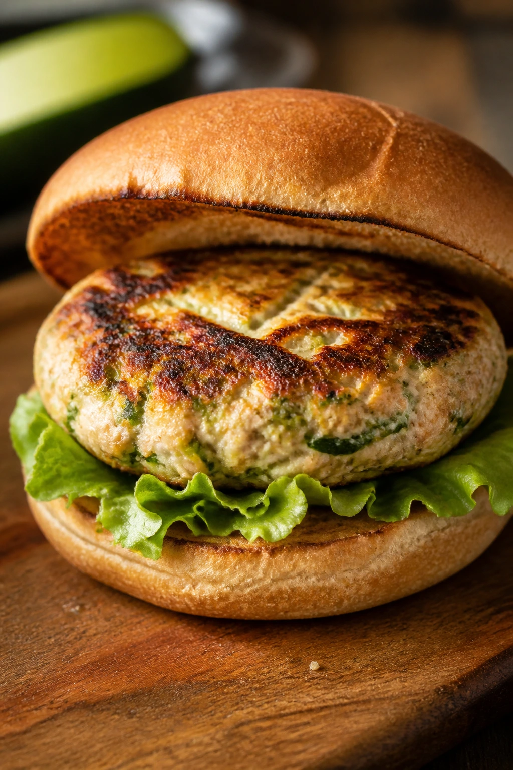 Turkey zucchini burger on bun with lettuce