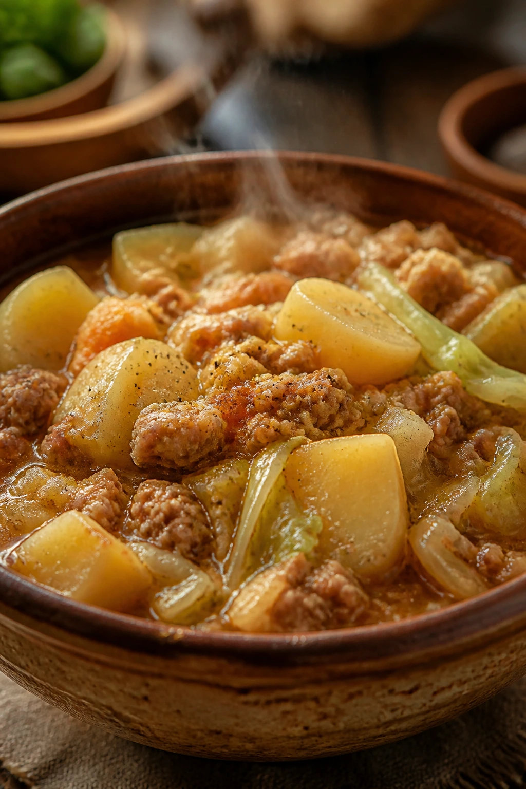 Close-up of turkey cabbage potato stew in a rustic bowl.