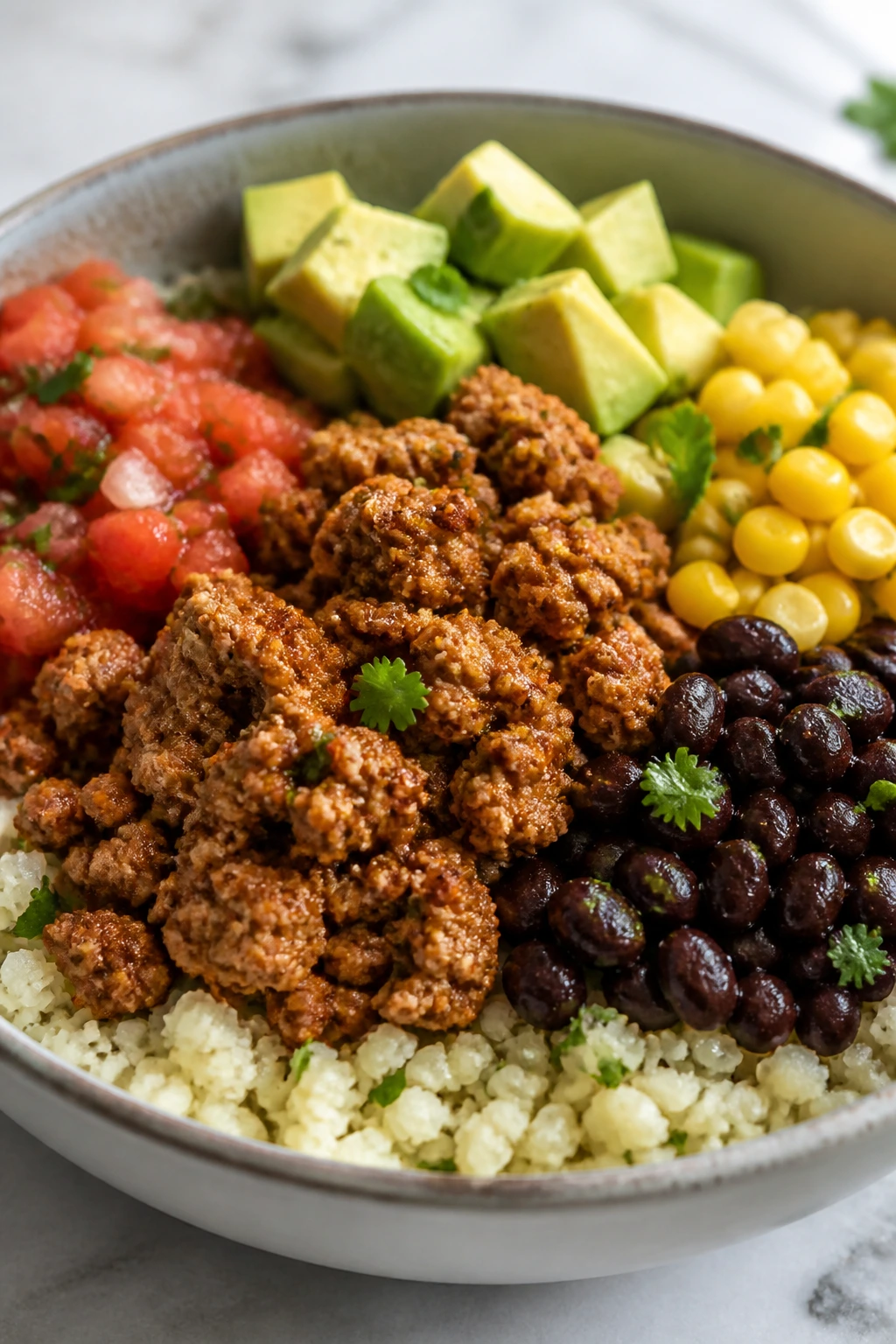 Turkey cauliflower rice bowl with salsa and avocado