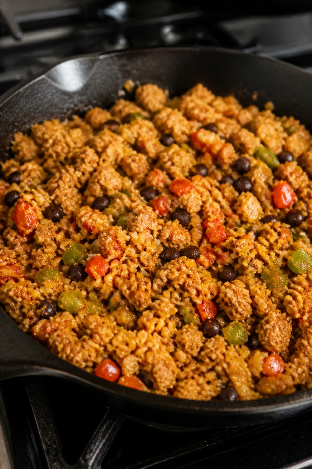 Close-up of Turkey Taco Cauliflower Rice Skillet in a cast-iron skillet