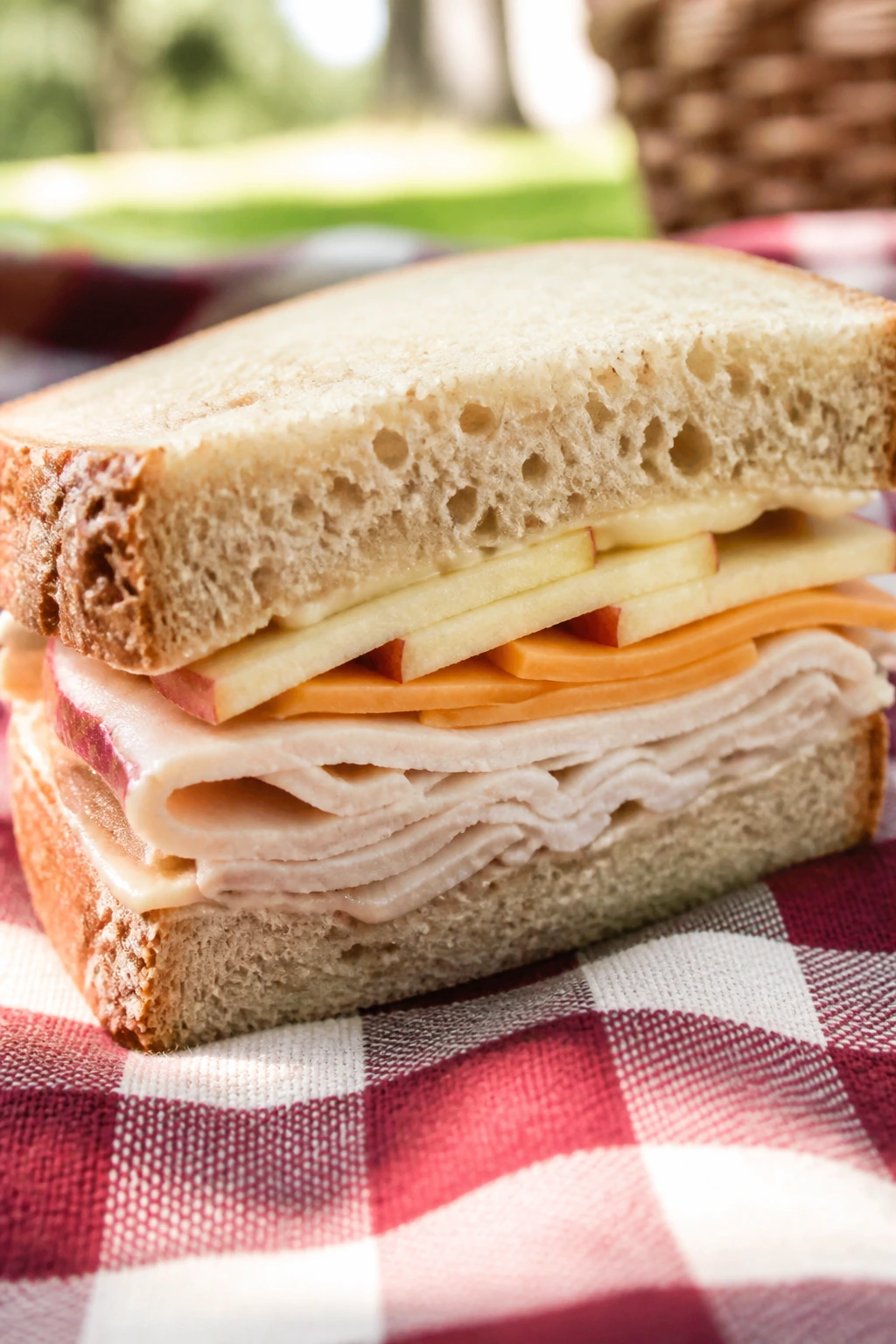 Close-up of turkey cheddar apple sandwich on picnic blanket outdoors