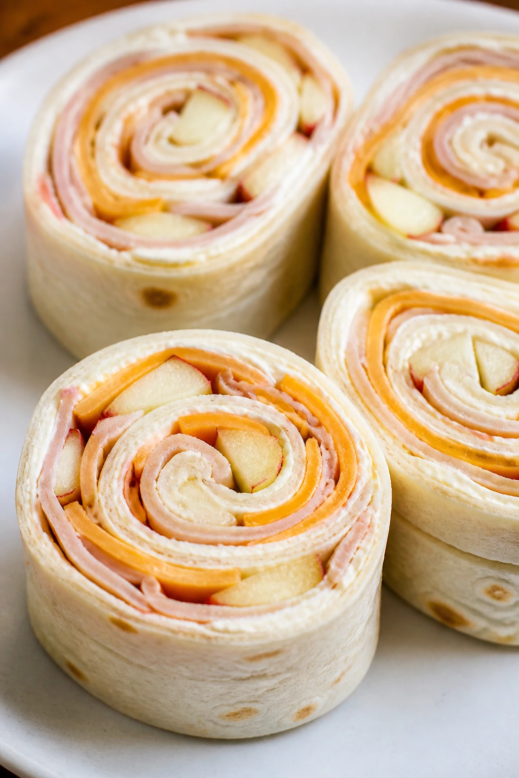 Turkey cheddar apple pinwheels on plate showing spiraled tortillas