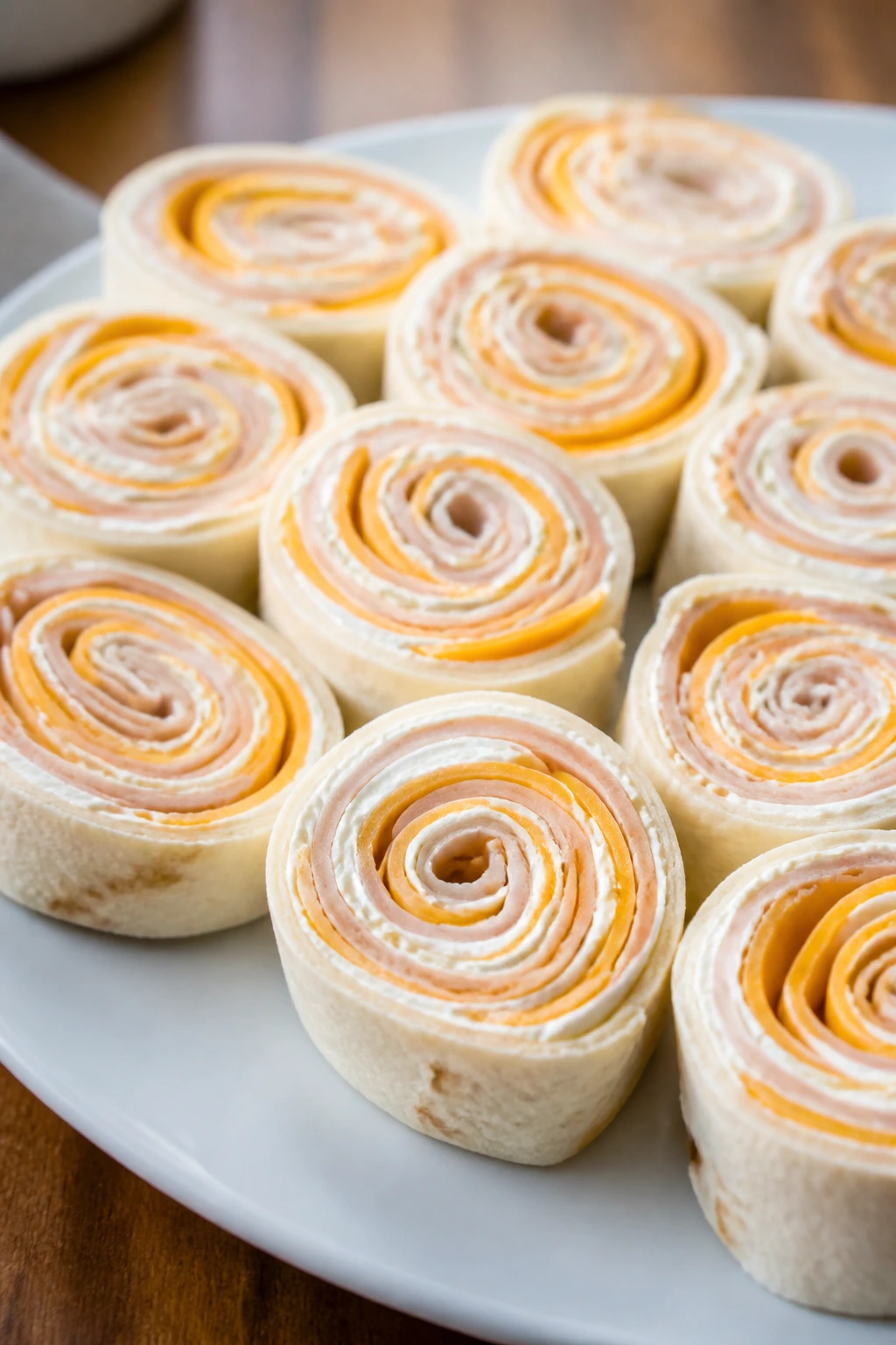 Spiral turkey and cheddar pinwheels on a plate