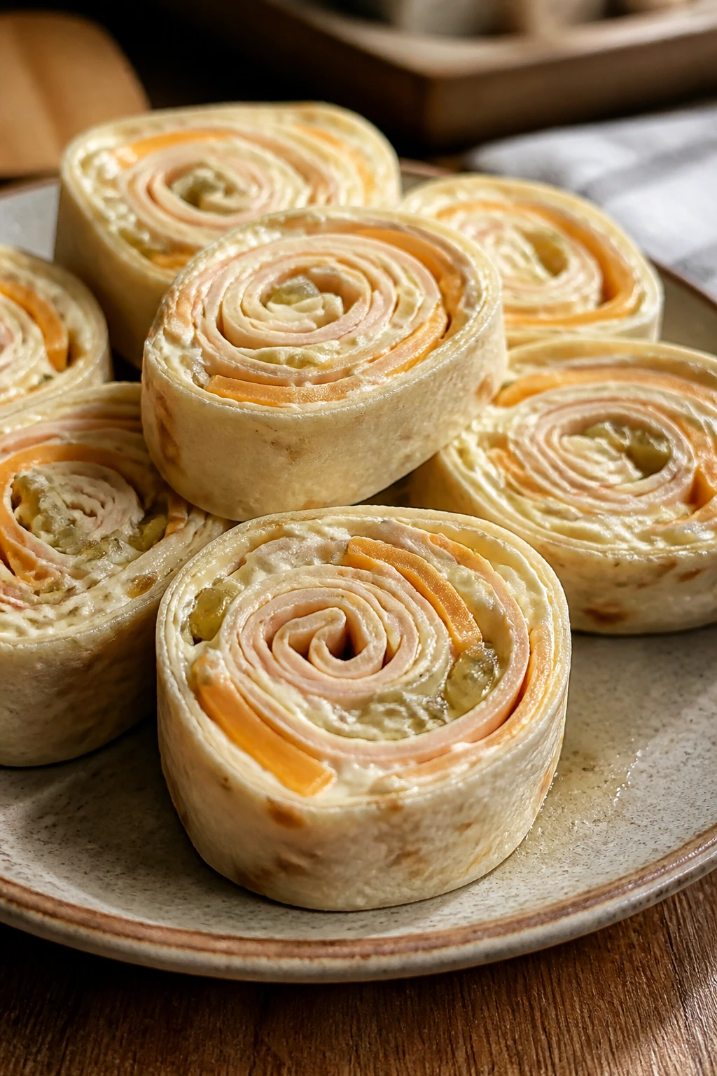 Close-up of turkey cheddar pinwheels with pickle relish on a plate