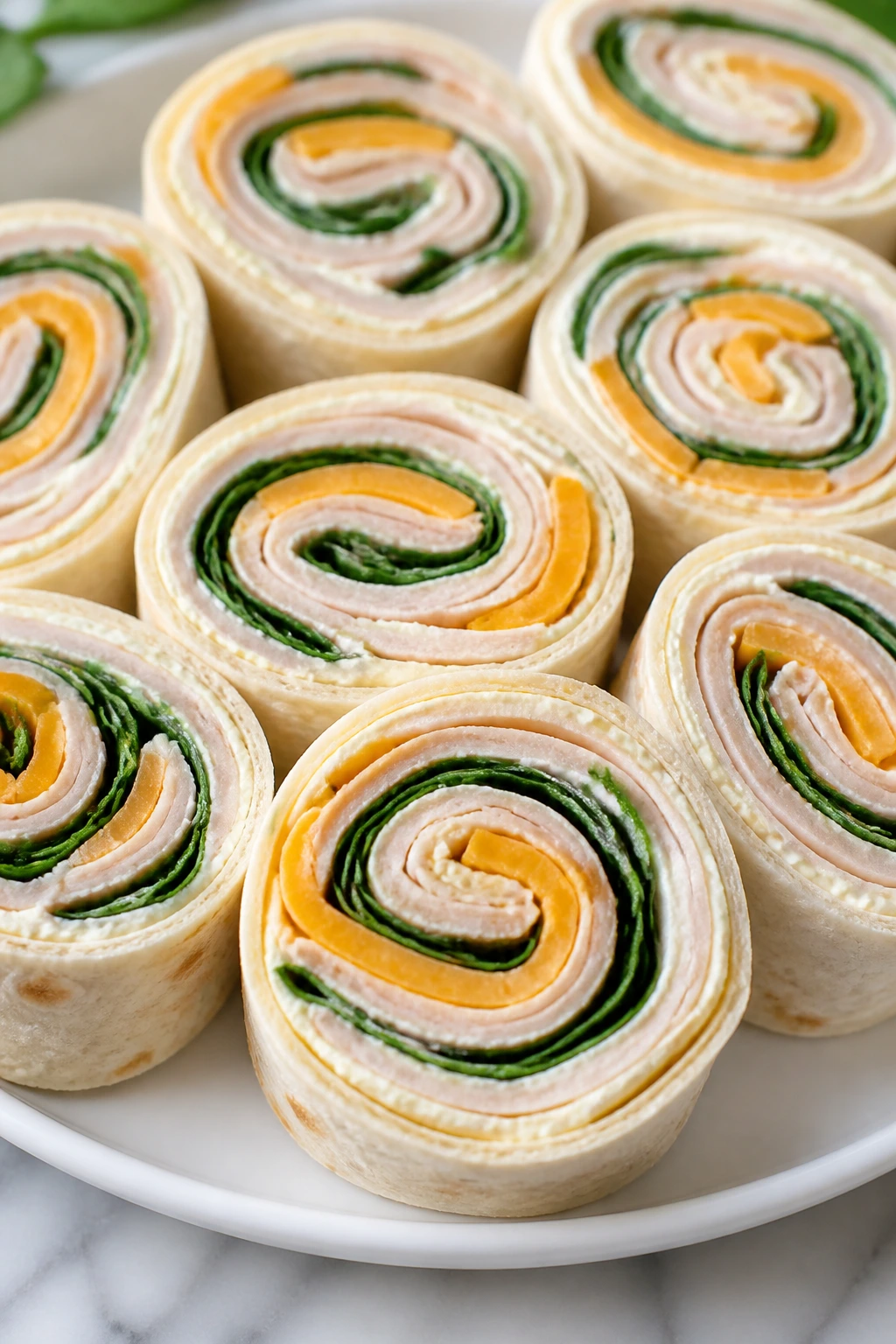 Close-up of turkey and cheddar pinwheels sliced into rounds on a plate