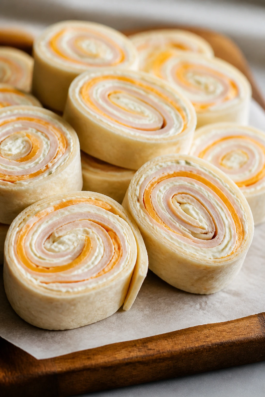 Close-up of turkey cheddar pinwheels on a cutting board