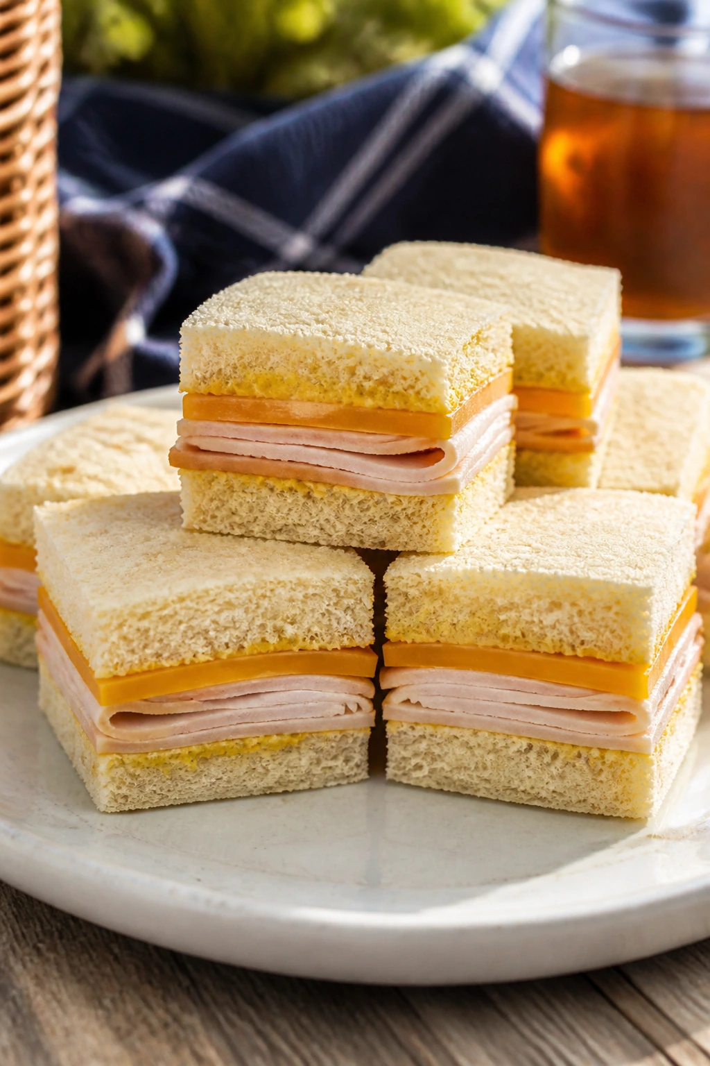 Close-up of small turkey cheddar tea sandwiches on a plate