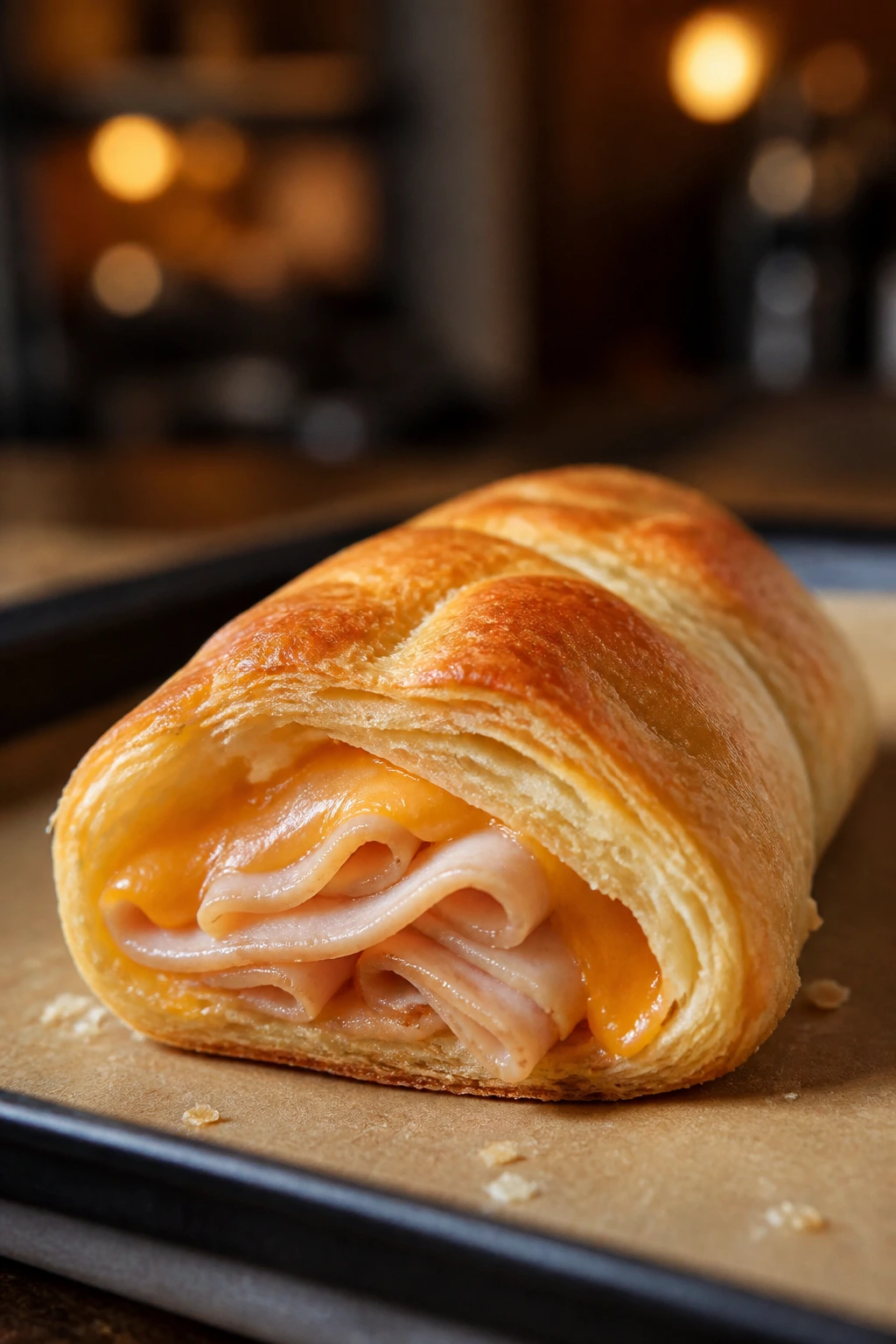 Close-up of a turkey and cheese crescent roll-up on parchment