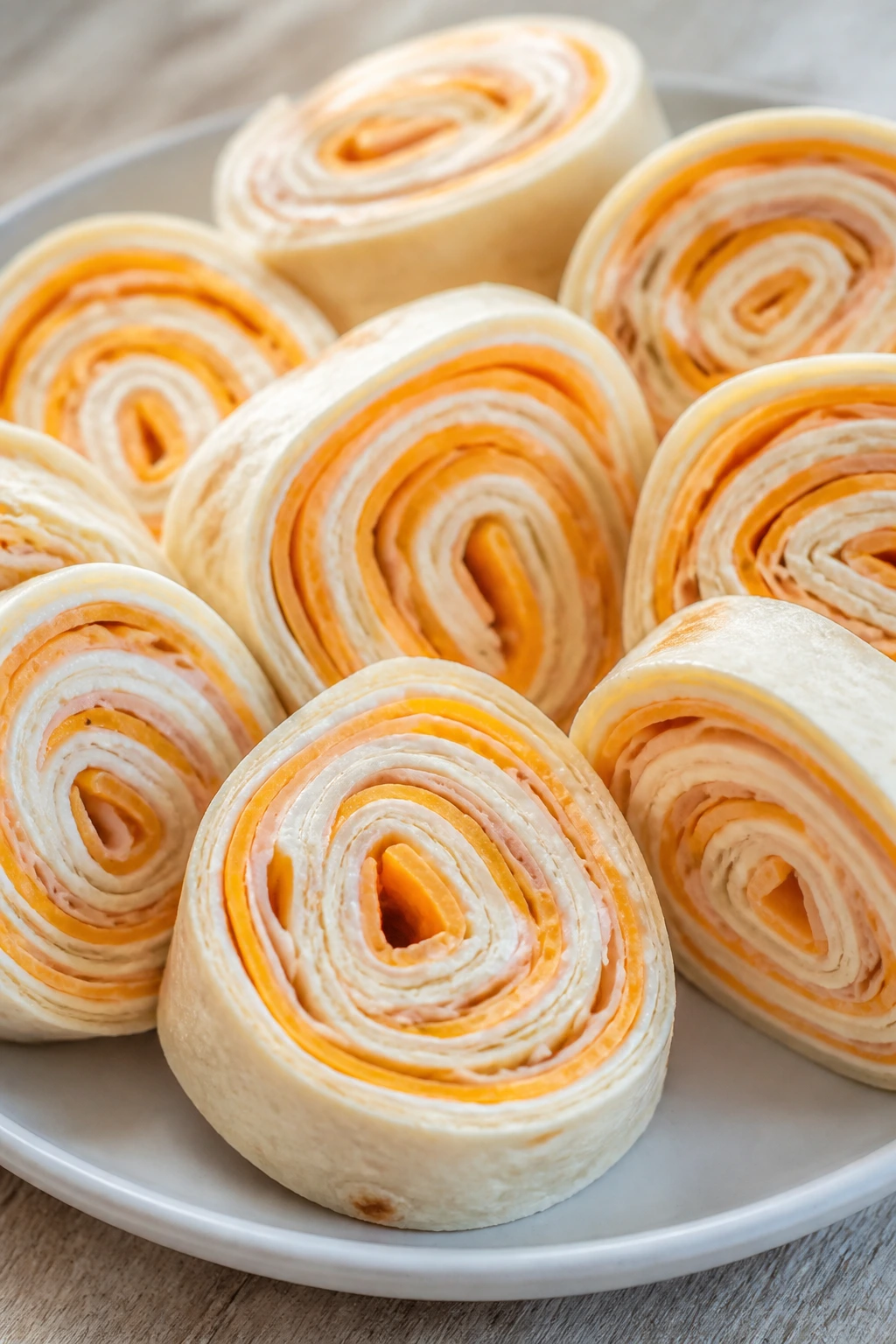 Sliced turkey and cheese pinwheels on plate
