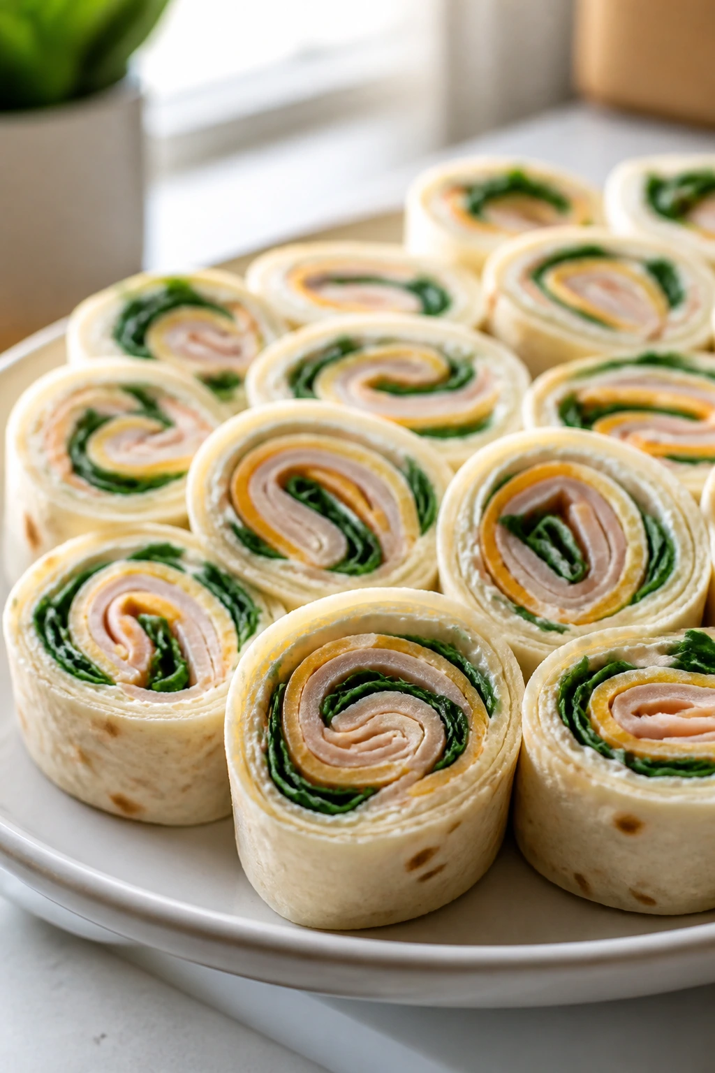 Close-up of turkey and cheese pinwheels sliced on a plate