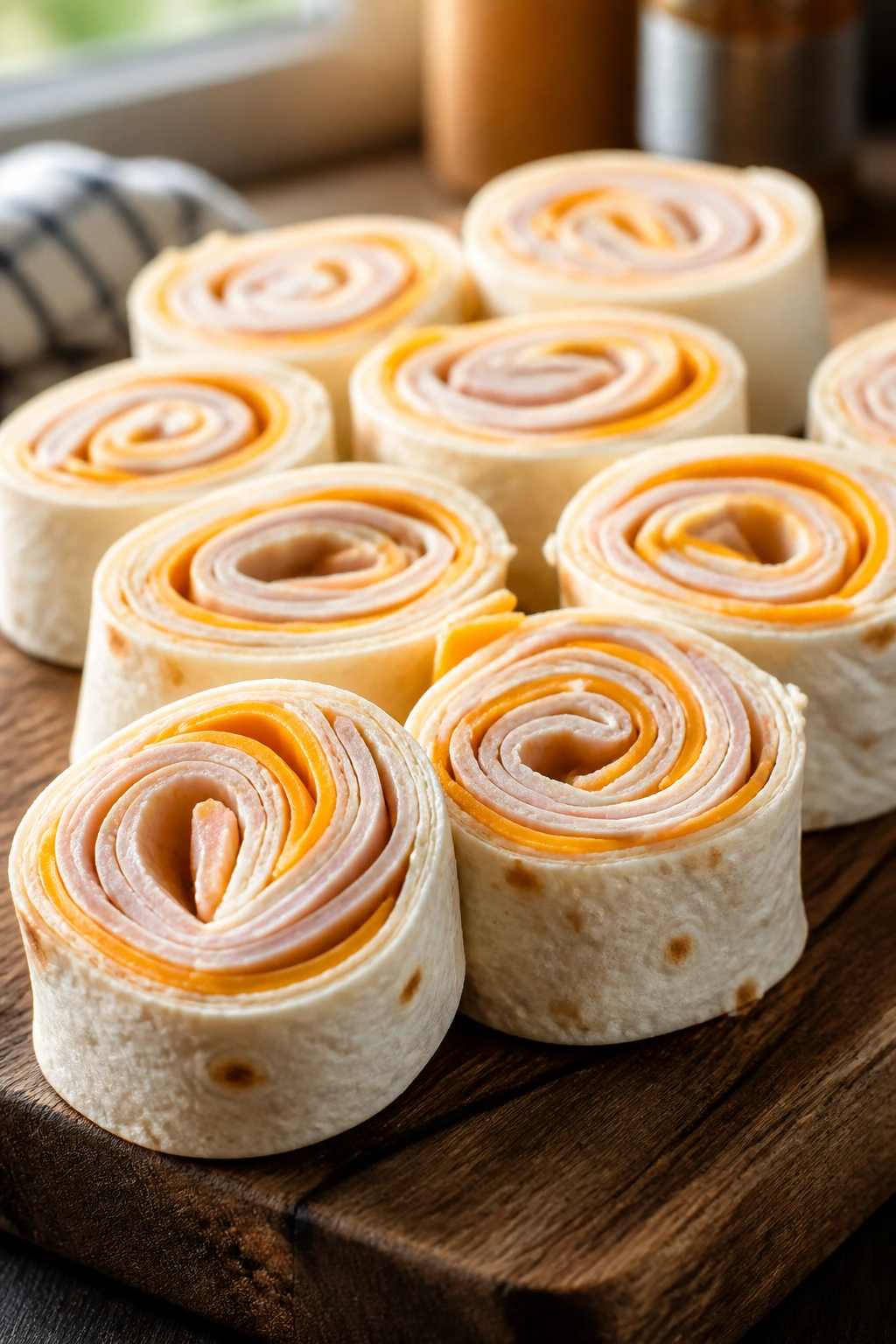 Close-up of turkey and cheese pinwheels on a wooden cutting board