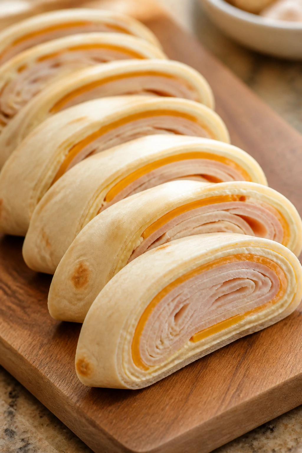 Turkey and cheese roll-ups sliced on a board