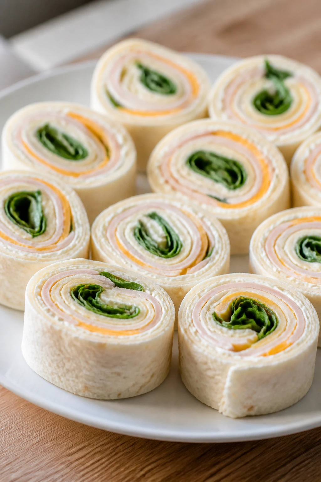 Close-up of turkey and cheese roll-ups sliced into rounds on a plate
