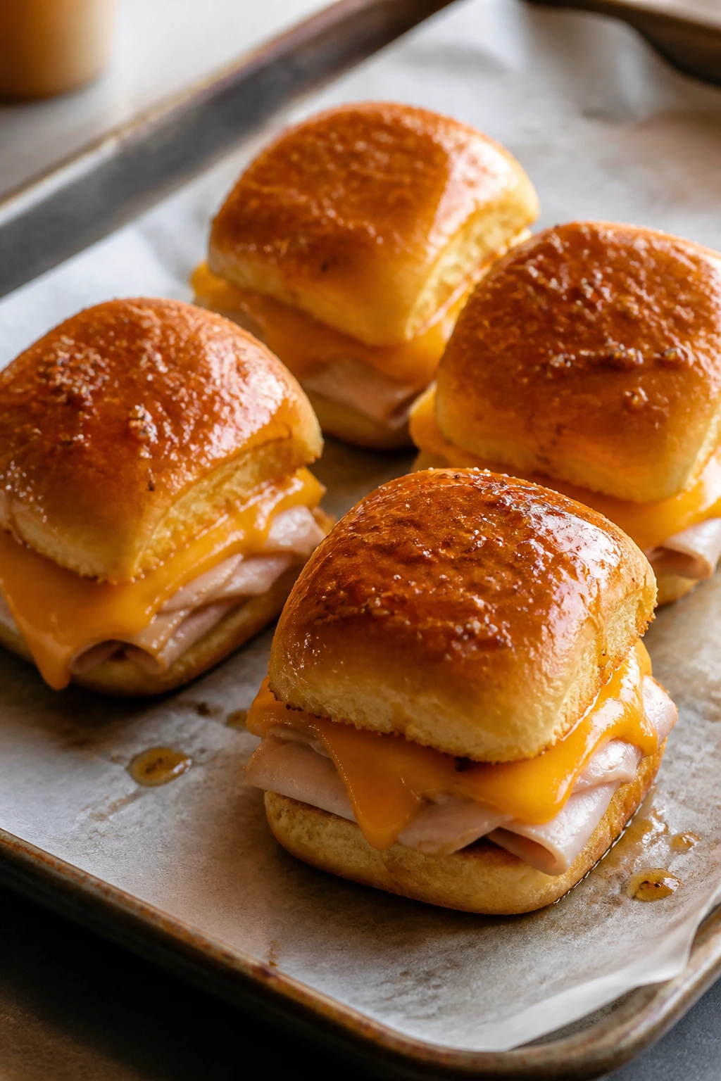 Mini turkey and cheese sliders on parchment with melted cheese and glossy tops