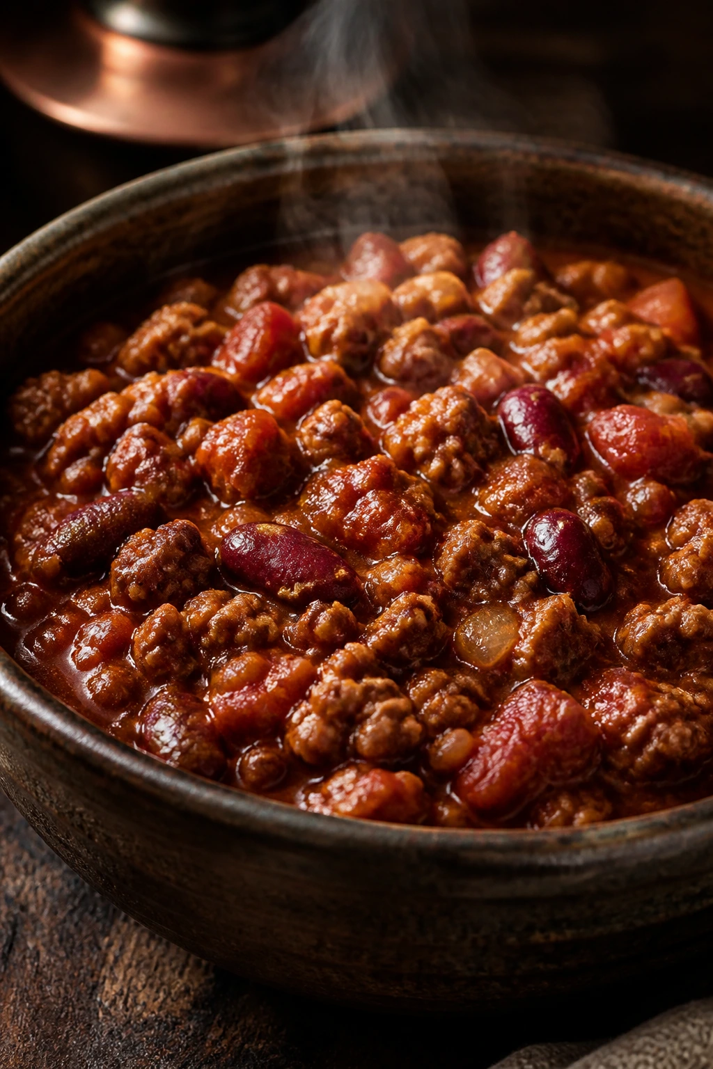 Close-up of smoky turkey chili in a rustic bowl