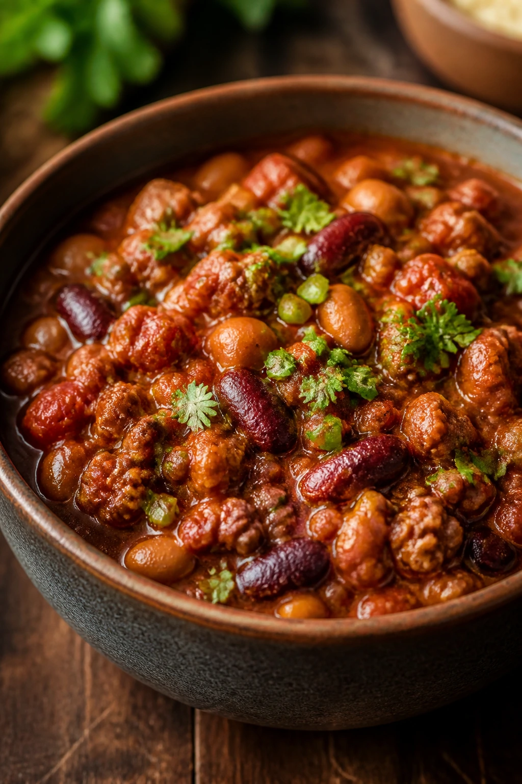 Turkey chili with beans in a rustic bowl