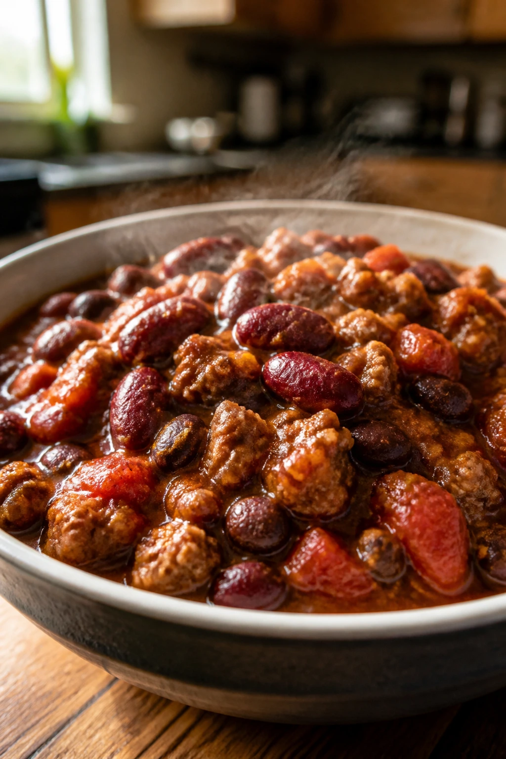 Close-up of turkey and bean chili in a rustic bowl with steam