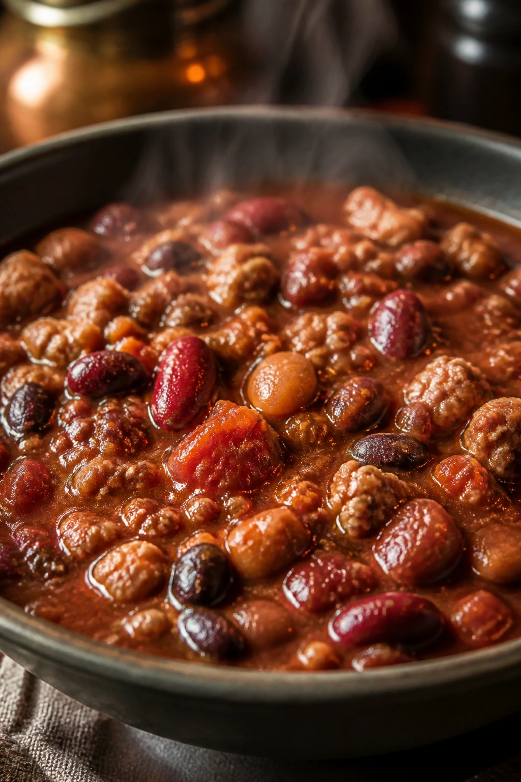 Bowl of smoky turkey chili with three beans