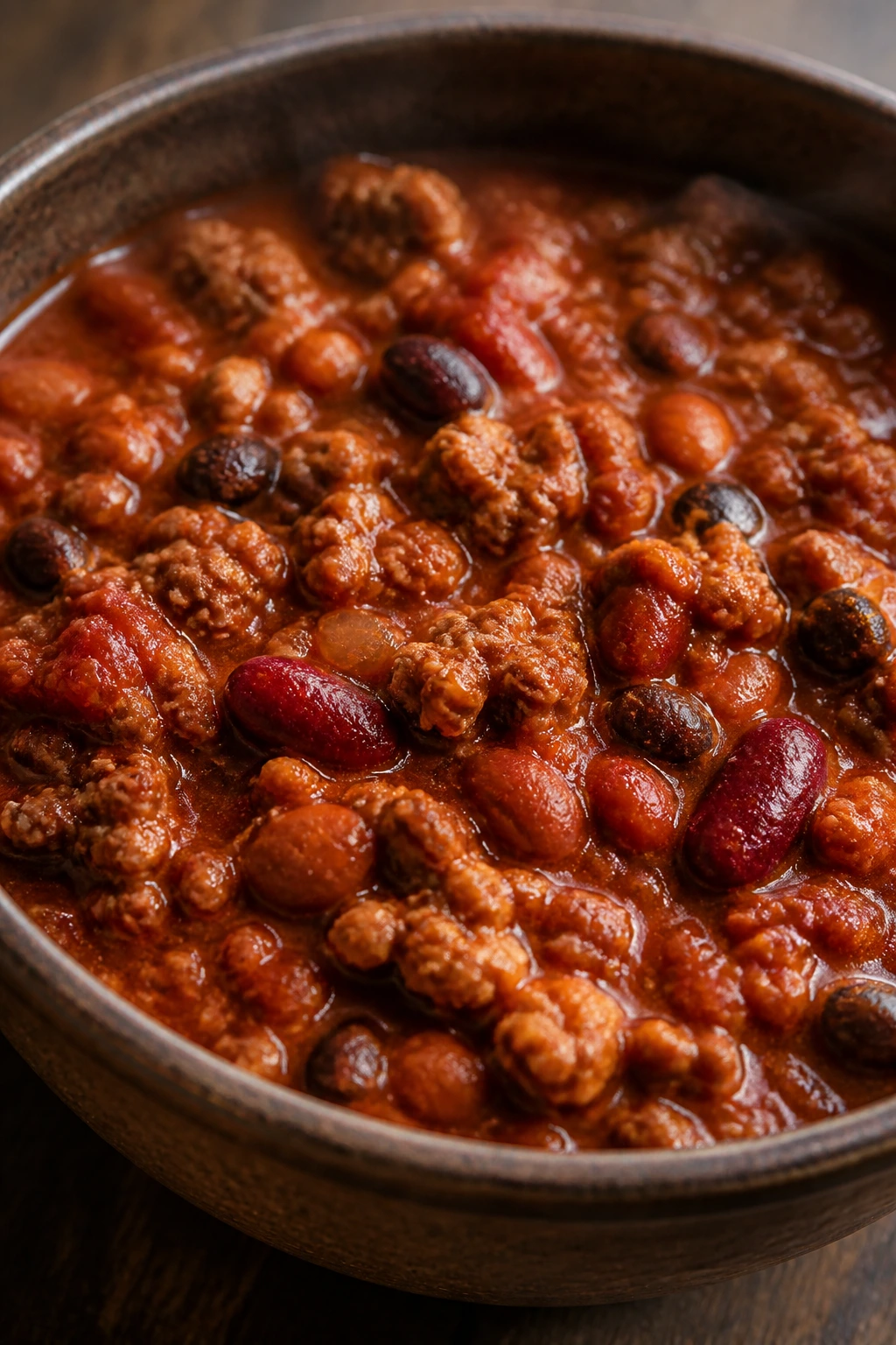 Steaming bowl of turkey chili with beans in a rustic bowl