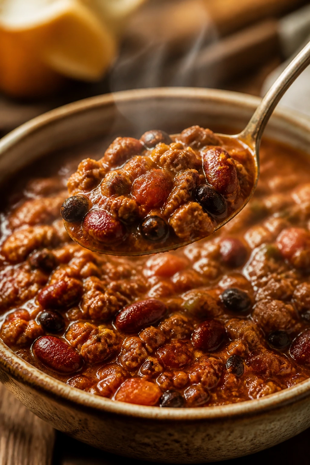 Thick turkey chili with beans in a rustic bowl
