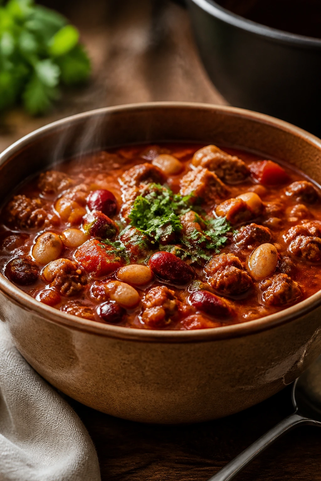 Turkey chili with beans and tomatoes in a red, thick broth