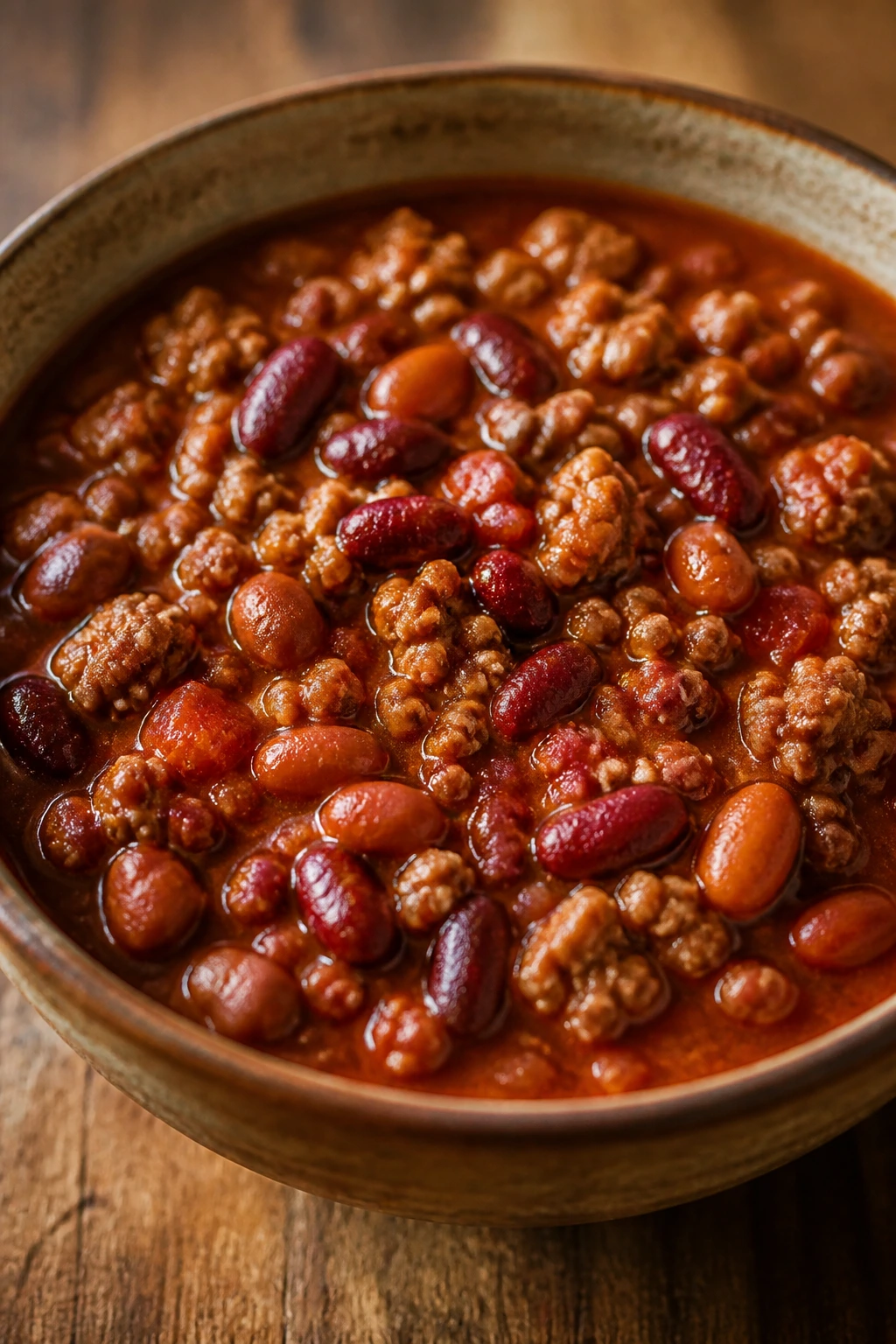 Close-up of turkey and bean chili in a rustic bowl on a wooden table