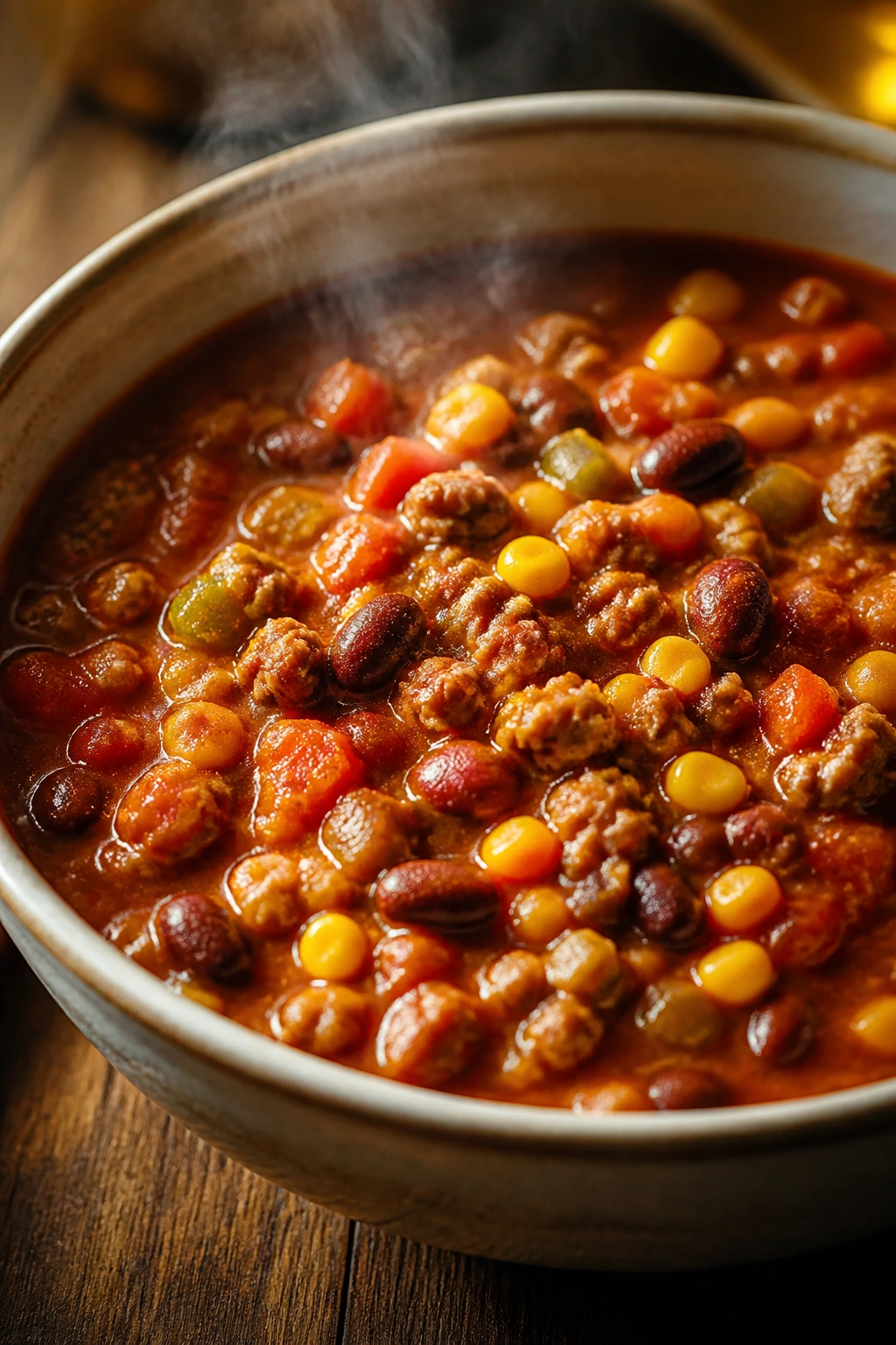 Close-up of a bowl of turkey chili with beans and corn