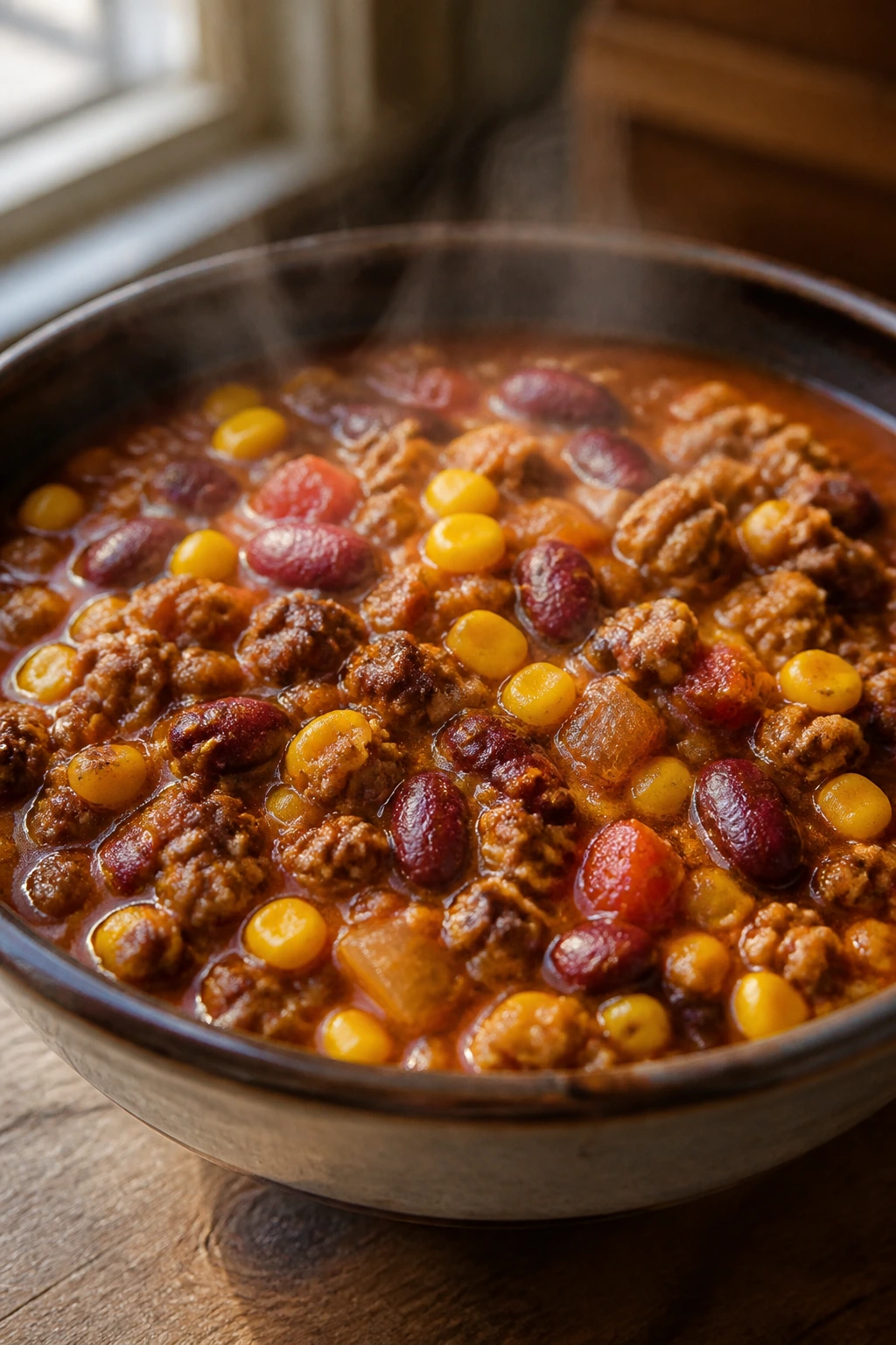 Close-up of a steaming bowl of turkey chili with beans and corn