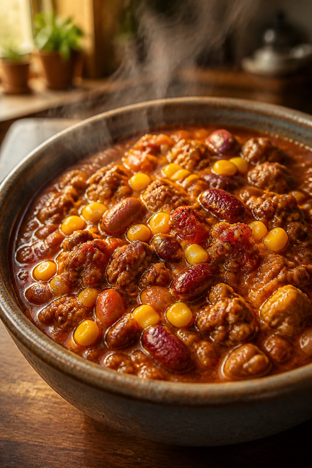 Close-up of turkey and bean chili with sweet corn in a rustic bowl.
