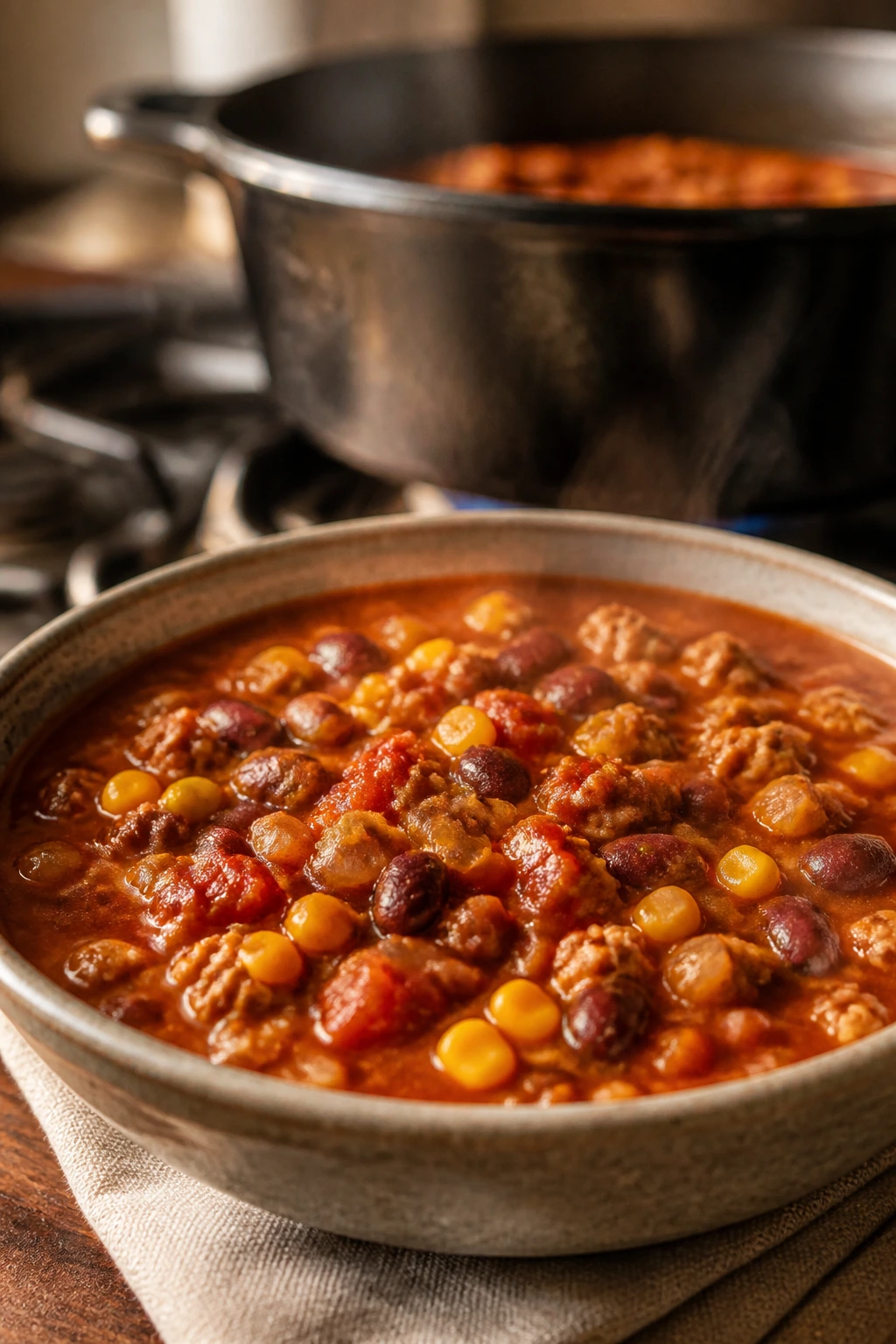 Bowl of turkey chili with beans and corn