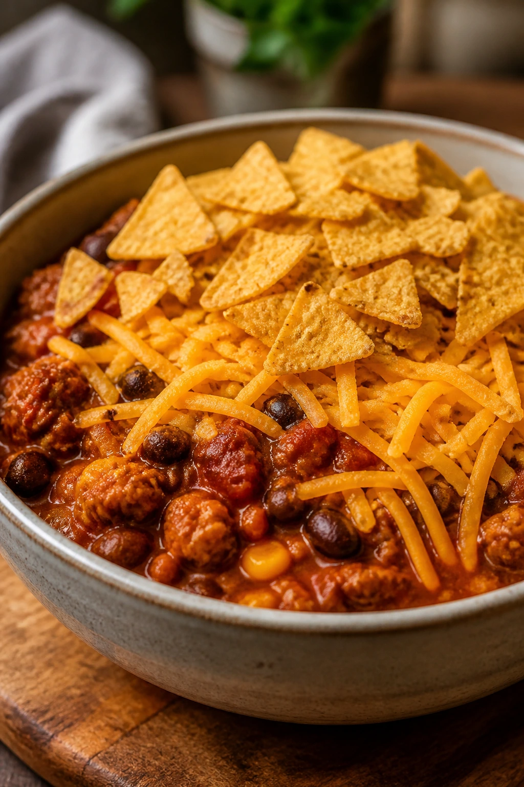 Bowl of turkey chili with cheddar and corn chips on a warm kitchen table