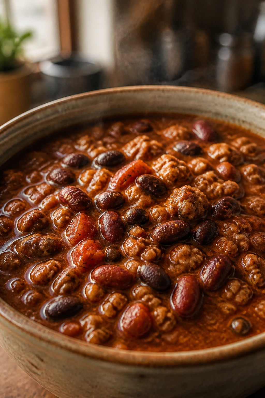 Turkey chili with beans in a rustic bowl, steaming and hearty in a cozy kitchen