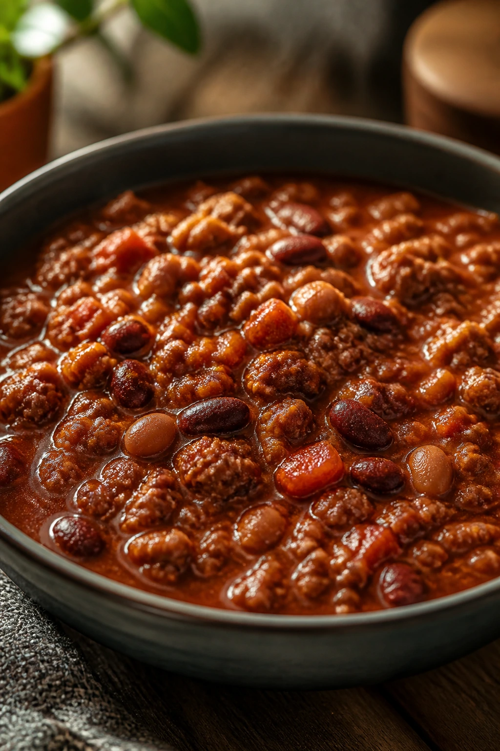 Close-up of Turkey Chili with Beans in a deep bowl with beans and thick tomato sauce