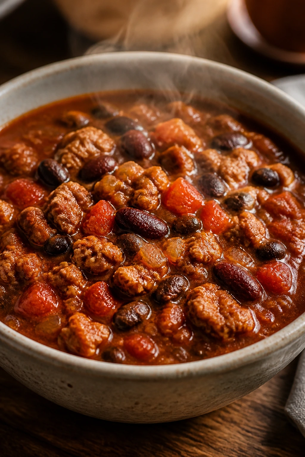 Close-up of hearty turkey bean chili in a bowl on a rustic wooden table