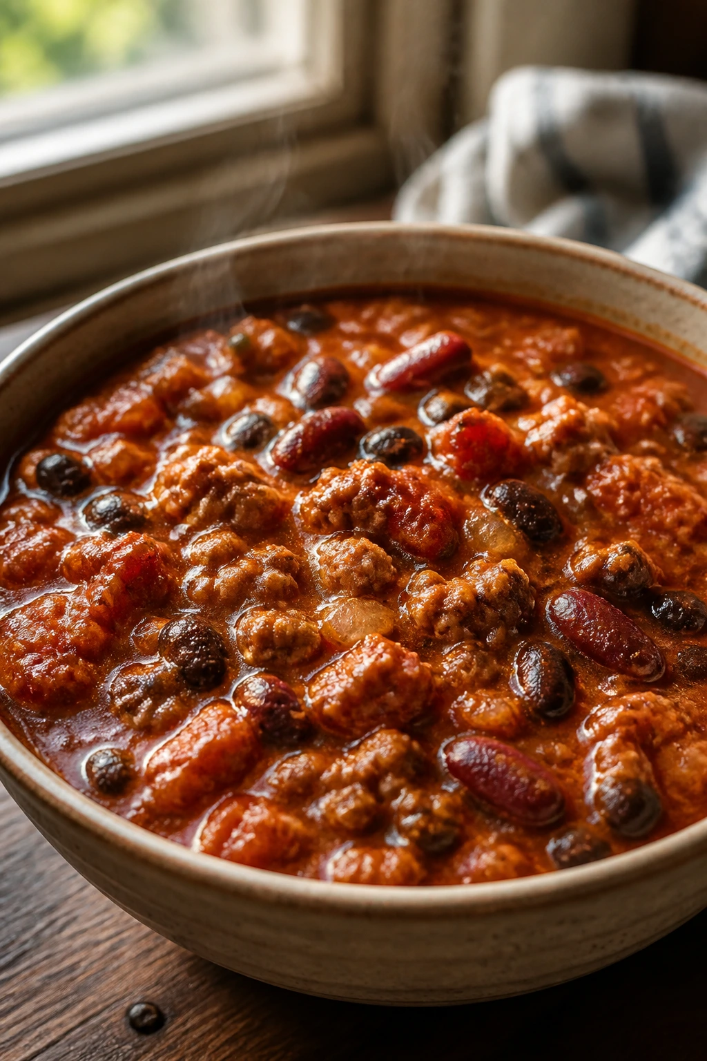 Close-up of steaming turkey chili with beans in a rustic bowl