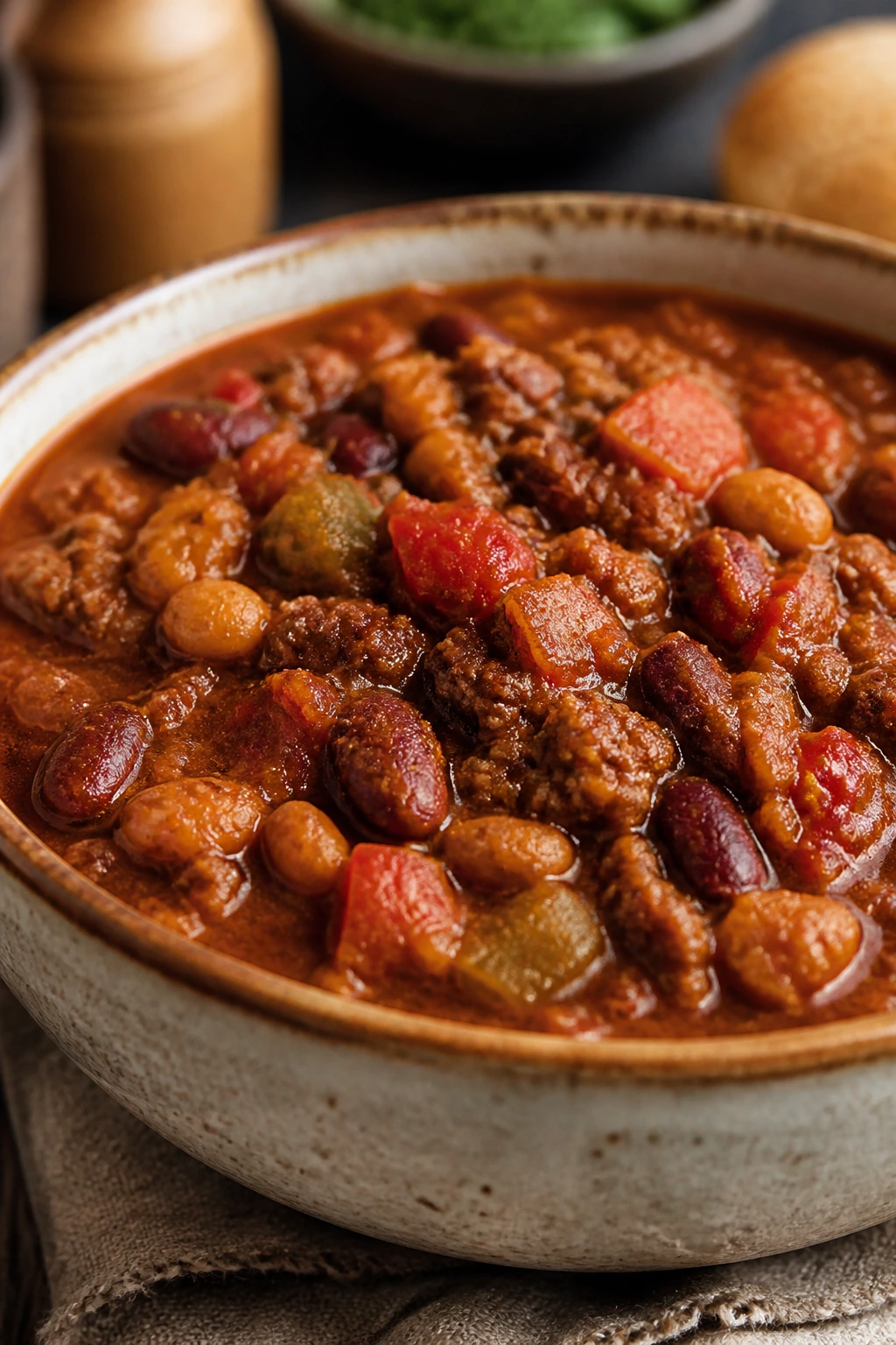Close-up of a hearty turkey chili in a rustic bowl with beans and peppers