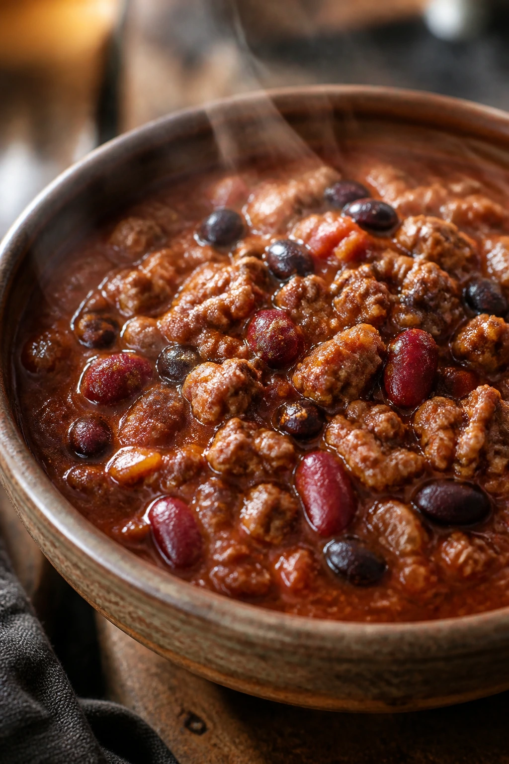 Thick smoky turkey chili with beans in a rustic bowl