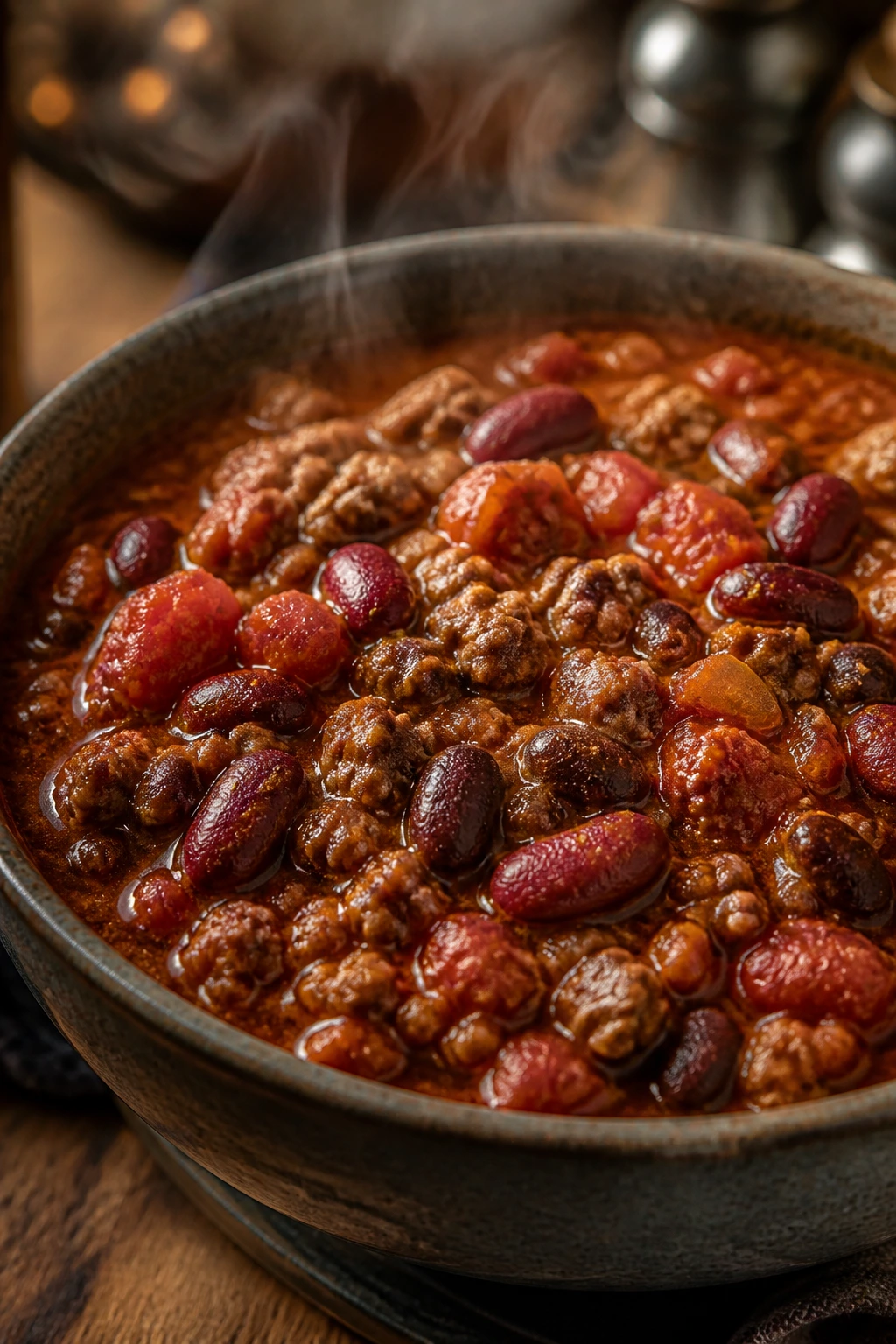 Close-up of a steaming turkey chili bowl with beans in a cozy kitchen