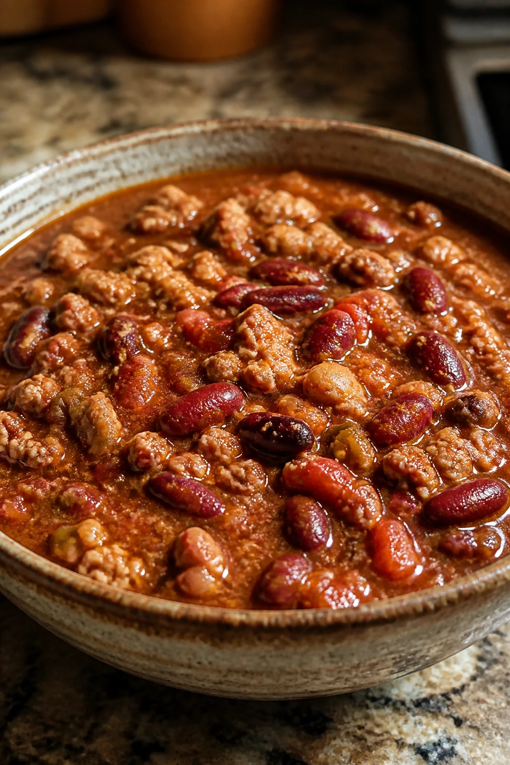 Close-up of turkey chili in a bowl with beans