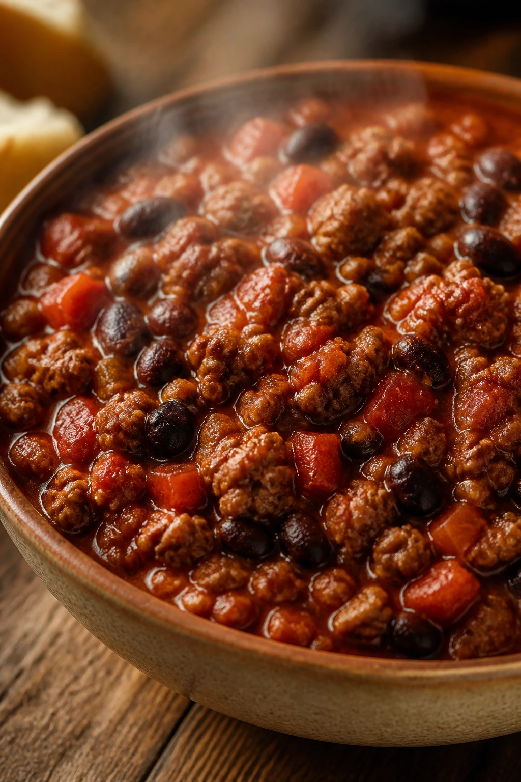 Close-up of thick turkey chili with black beans in a rustic bowl